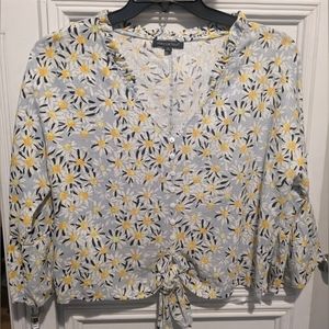 For Cynthia linen daisy flower print ruffle sleeve sz L